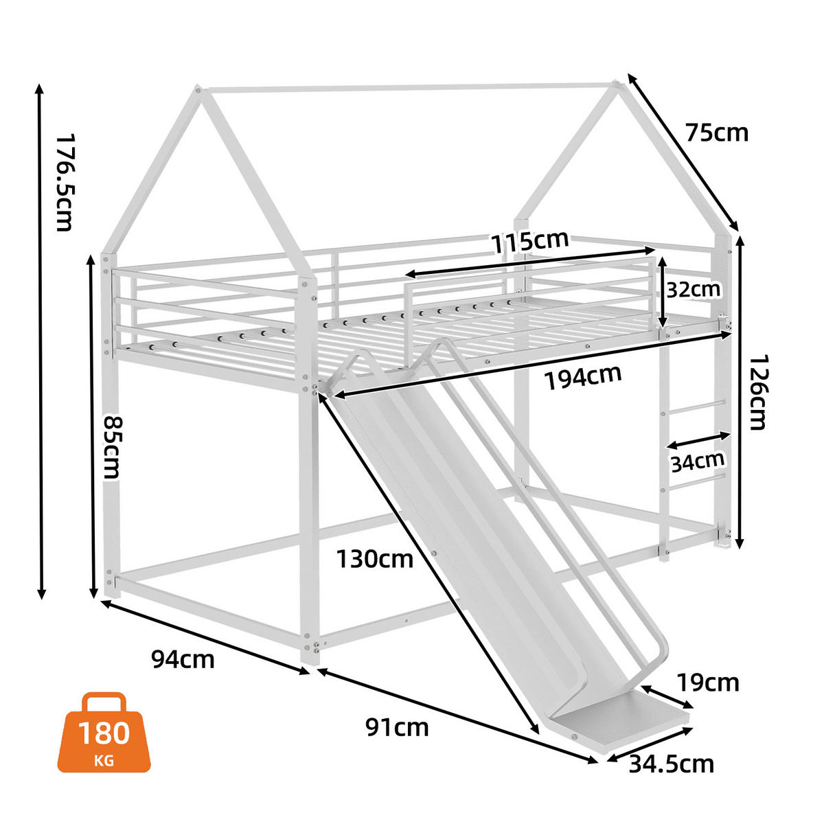 ETAGENBETT 90/190 mit Rutsche und Leiter in Weiß - Weiß, Holzwerkstoff (90/190cm) - EVRYAE