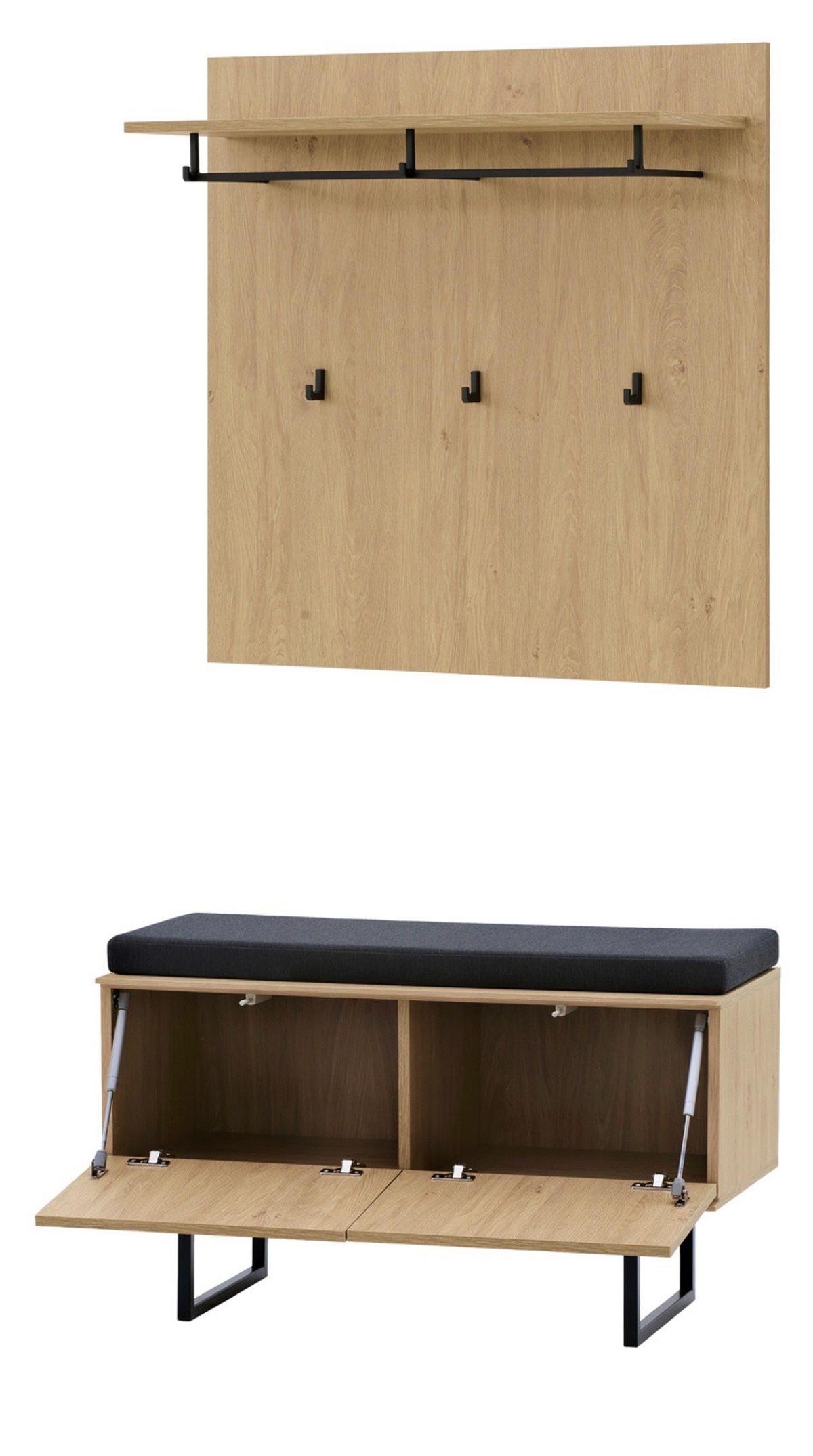 GARDEROBE-SET Stone Eiche 3-teilig 90 cm, Garderobenkombination in modernem Design - Eichefarben/Schwarz, Holzwerkstoff/Metall (90/200/40cm) - Furn.Design
