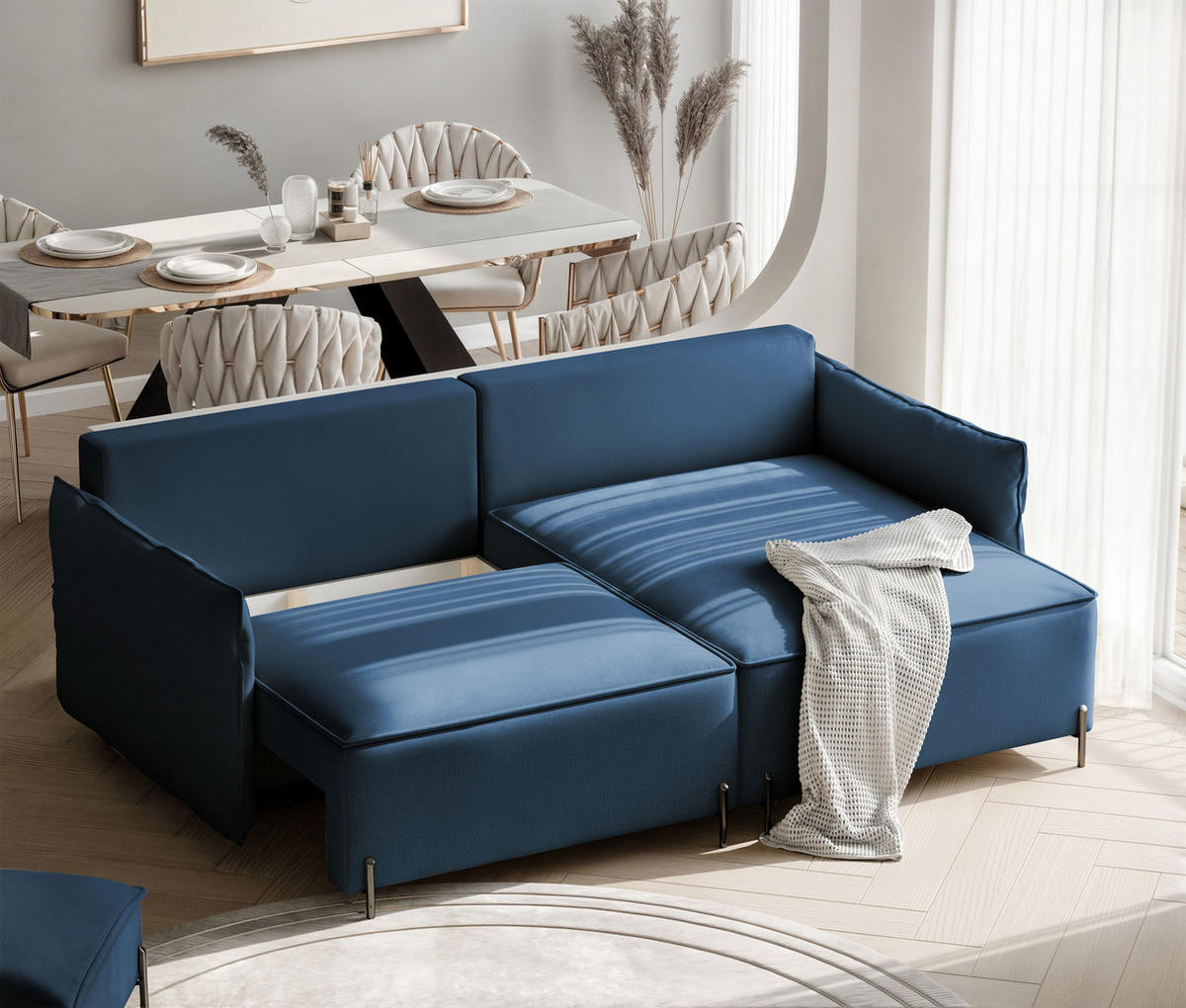 ECKSOFA MARCO Rechts, mit Schlaffunktion und Bettkasten, Marineblau - Dunkelblau, Textil/Metall (221/148cm) - Idohome