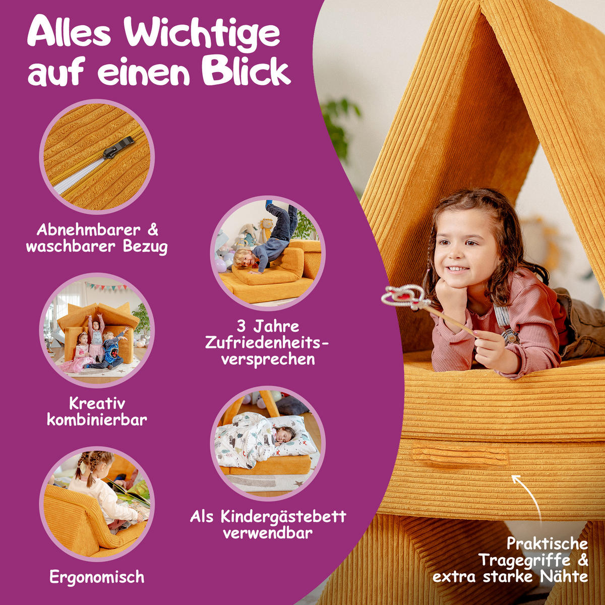 KINDERSOFA Spielparadies - Gelb, Textil (66/52/150cm) - Linodino