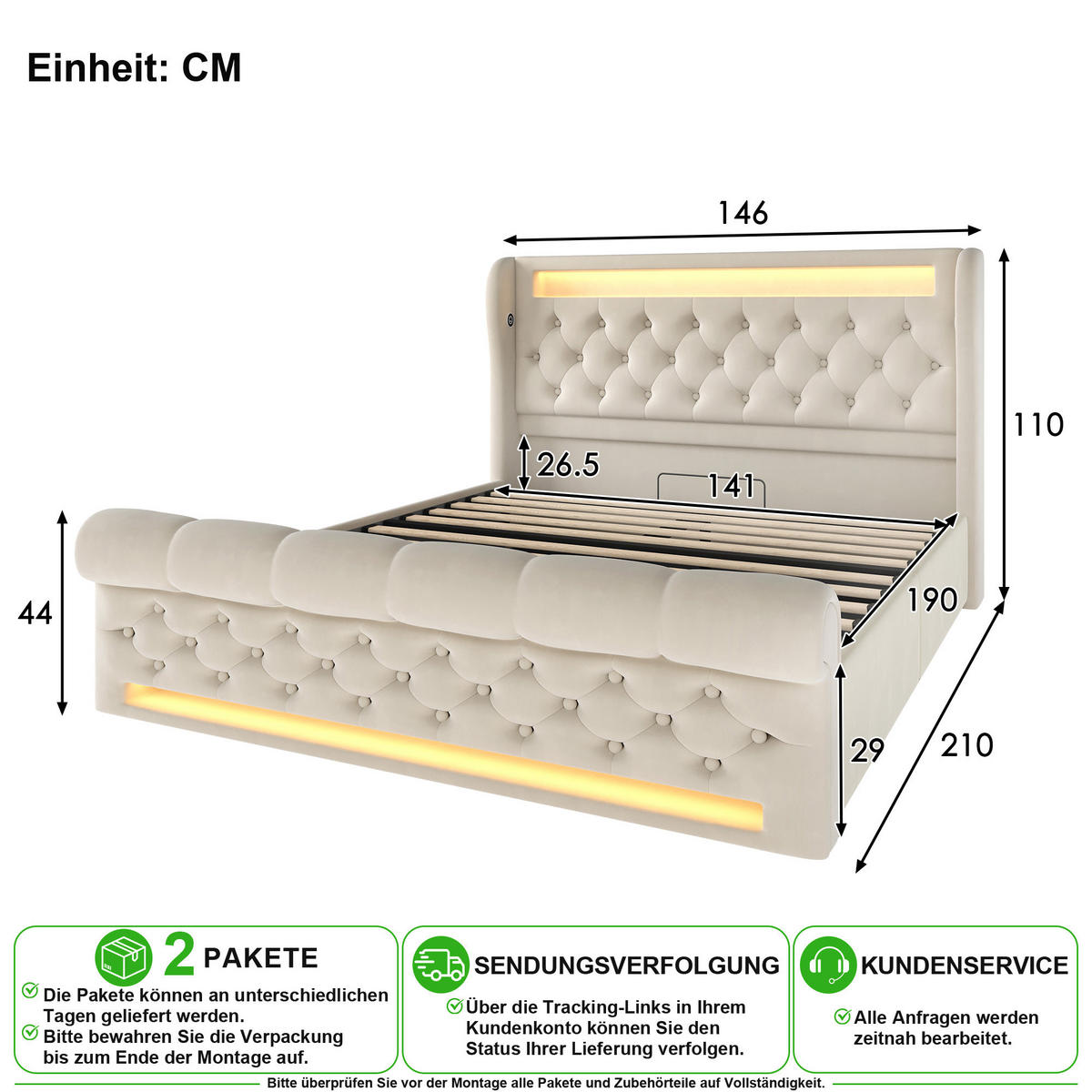 ČALOUNĚNÁ POSTEL 140/190 cm v béžové barvě se sametem, úložným prostorem, LED a USB-C - béžová, kov/kompozitní dřevo (140/190cm) - CHICFURN