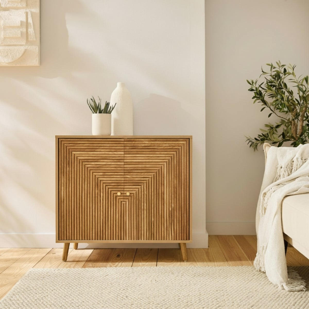 SIDEBOARD 2 Türen in Lamellenoptik in L-Form Eden 80/39/75 cm - Eschefarben, Holzwerkstoff (39/75/47cm) - Calicosy