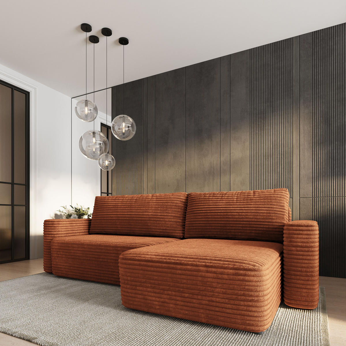 ECKSOFA TELIN Braun Kordstoff mit Schlaffunktion - Braun, Holz (280/162cm) - MASSENO