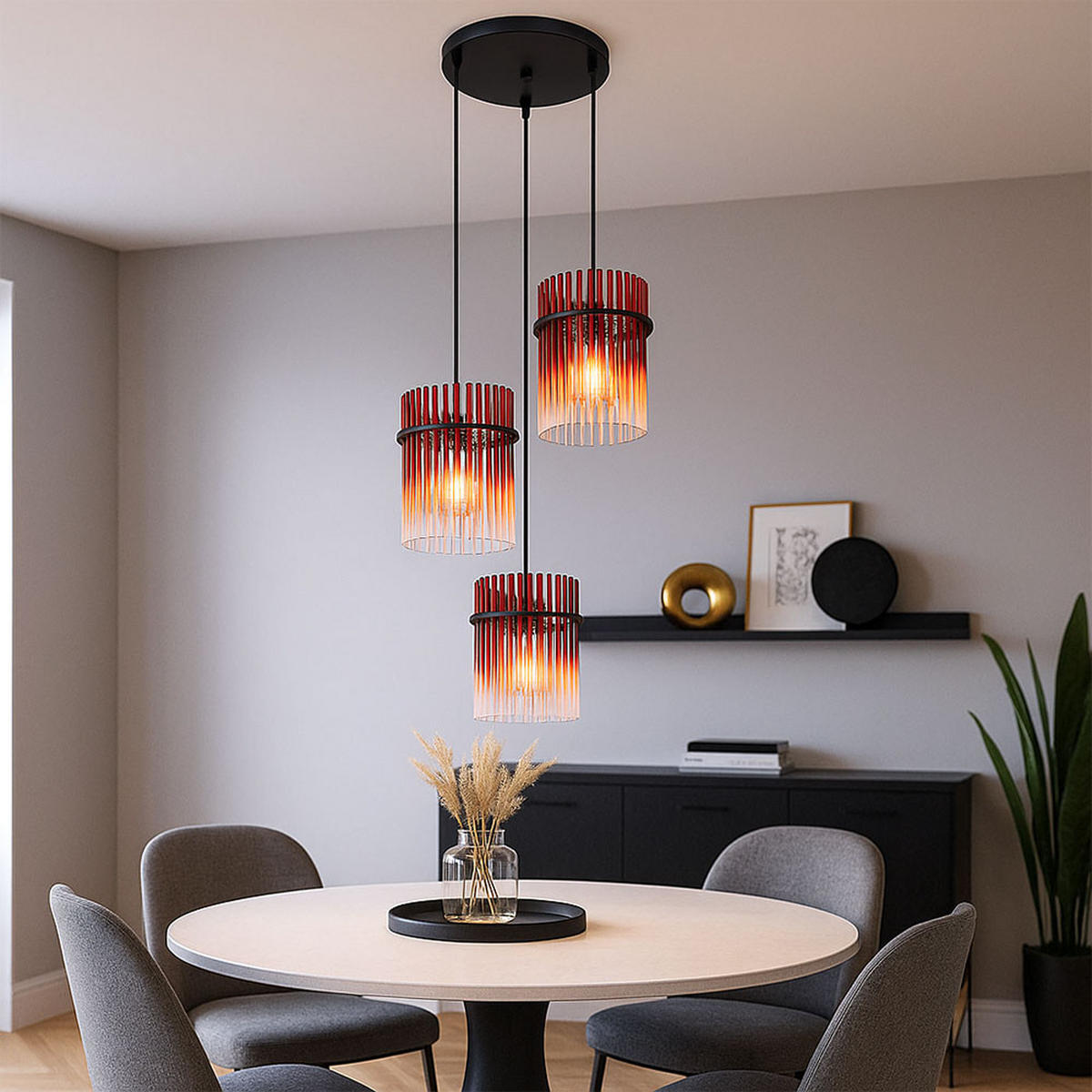 3-FLAMMIGE HÄNGELEUCHTE Metall Rot LED - Schwarz, Glas (47/47/140cm) - Globo Lighting