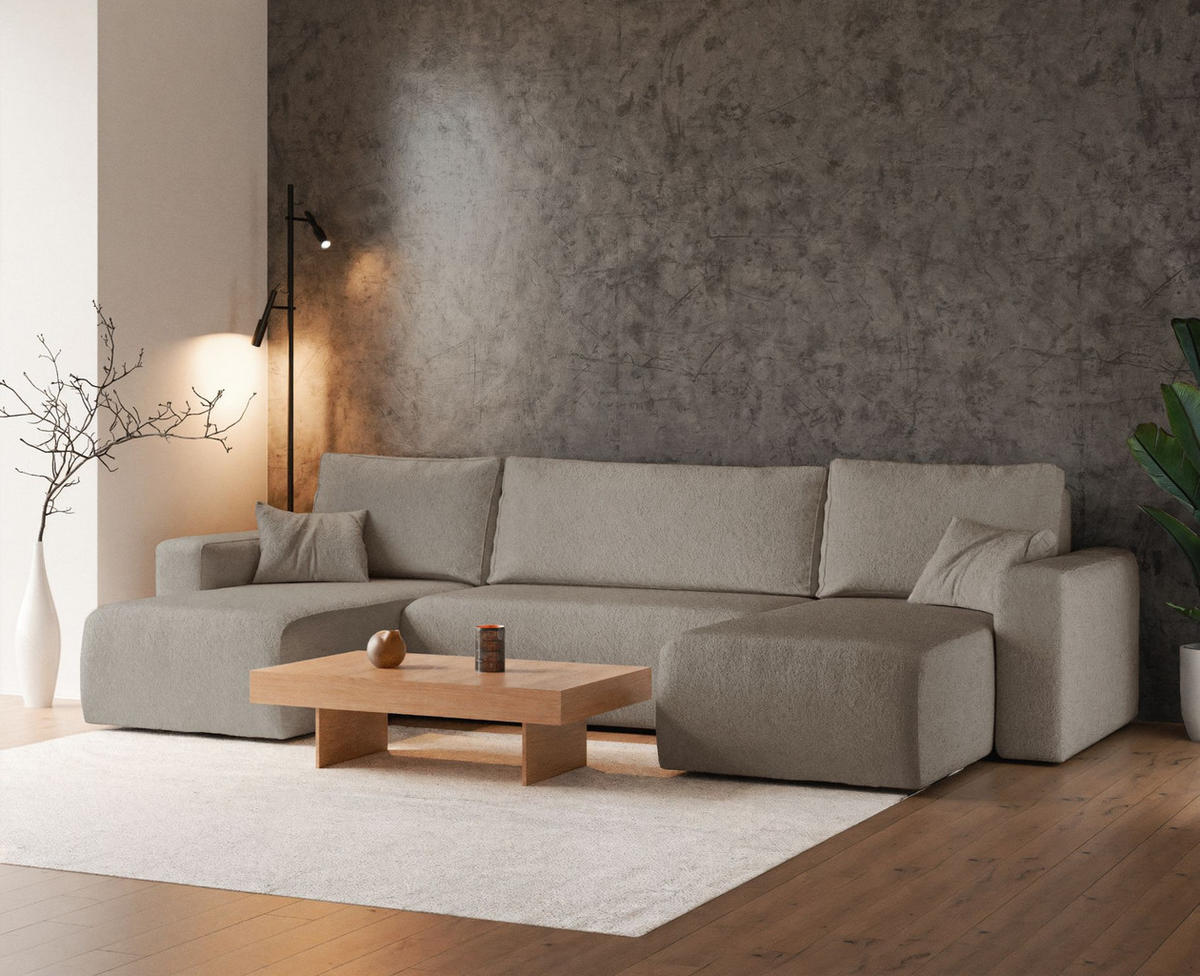 WOHNLANDSCHAFT Pianoni Hellbraun Bouclé-Bezug - Hellbraun/Schwarz, Kunststoff/Textil (312/83/140cm) - Selsey