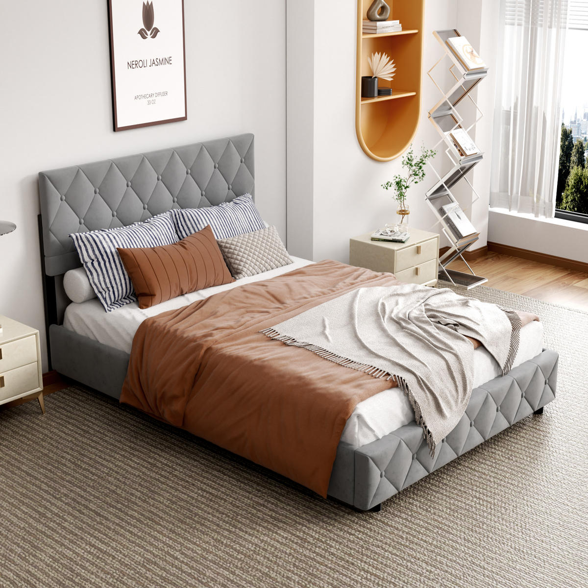 POLSTERBETT aus Samt 140x200 cm Grau mit hydraulischem Stauraum - Grau, Textil (140/200cm) - Modfu