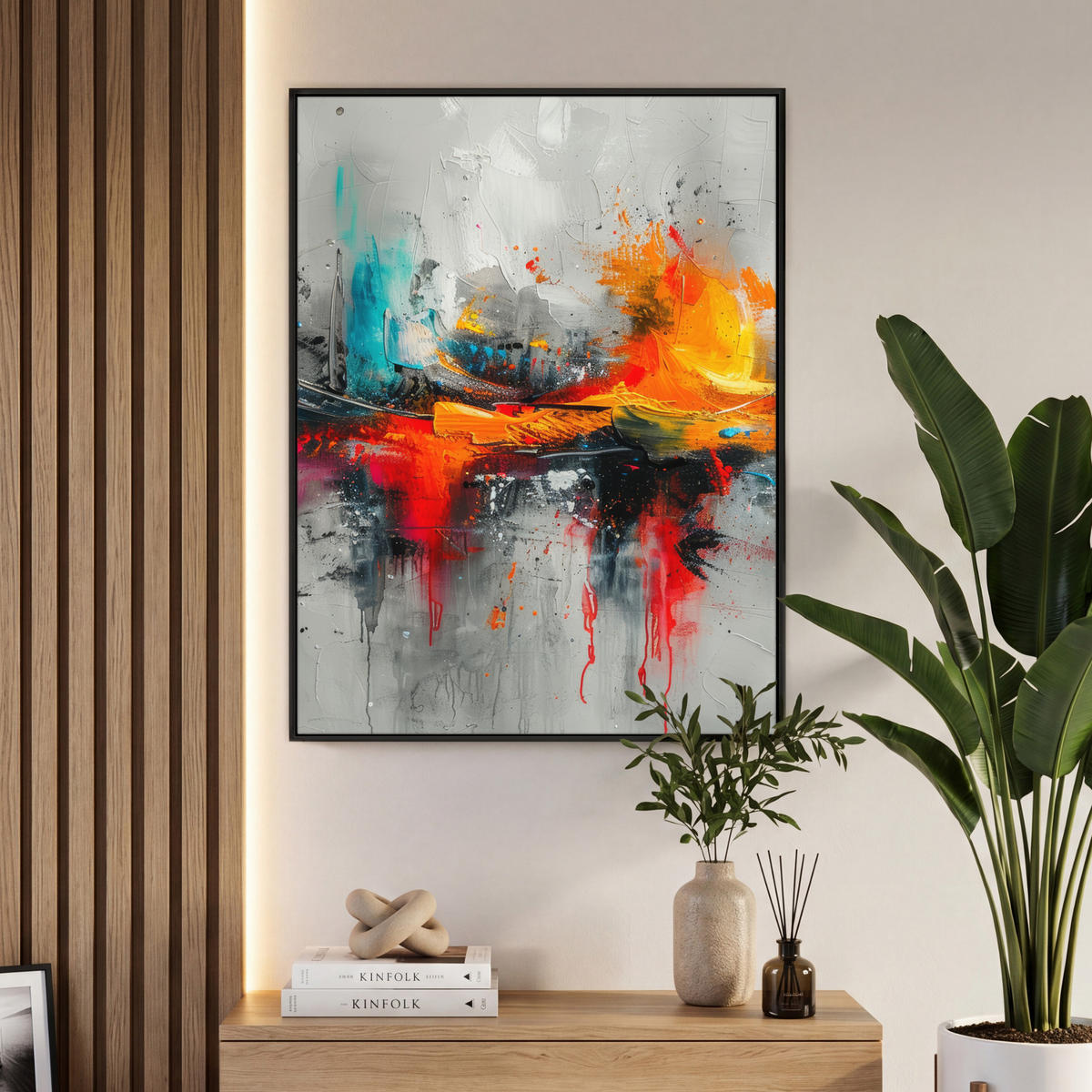 LEINWAND Bilder mit Rahmen - Moderne Kunst - Orange - Grau - Abstrakt - 70x100 - Hellgrau, Textil (70/100cm) - MuchoWow
