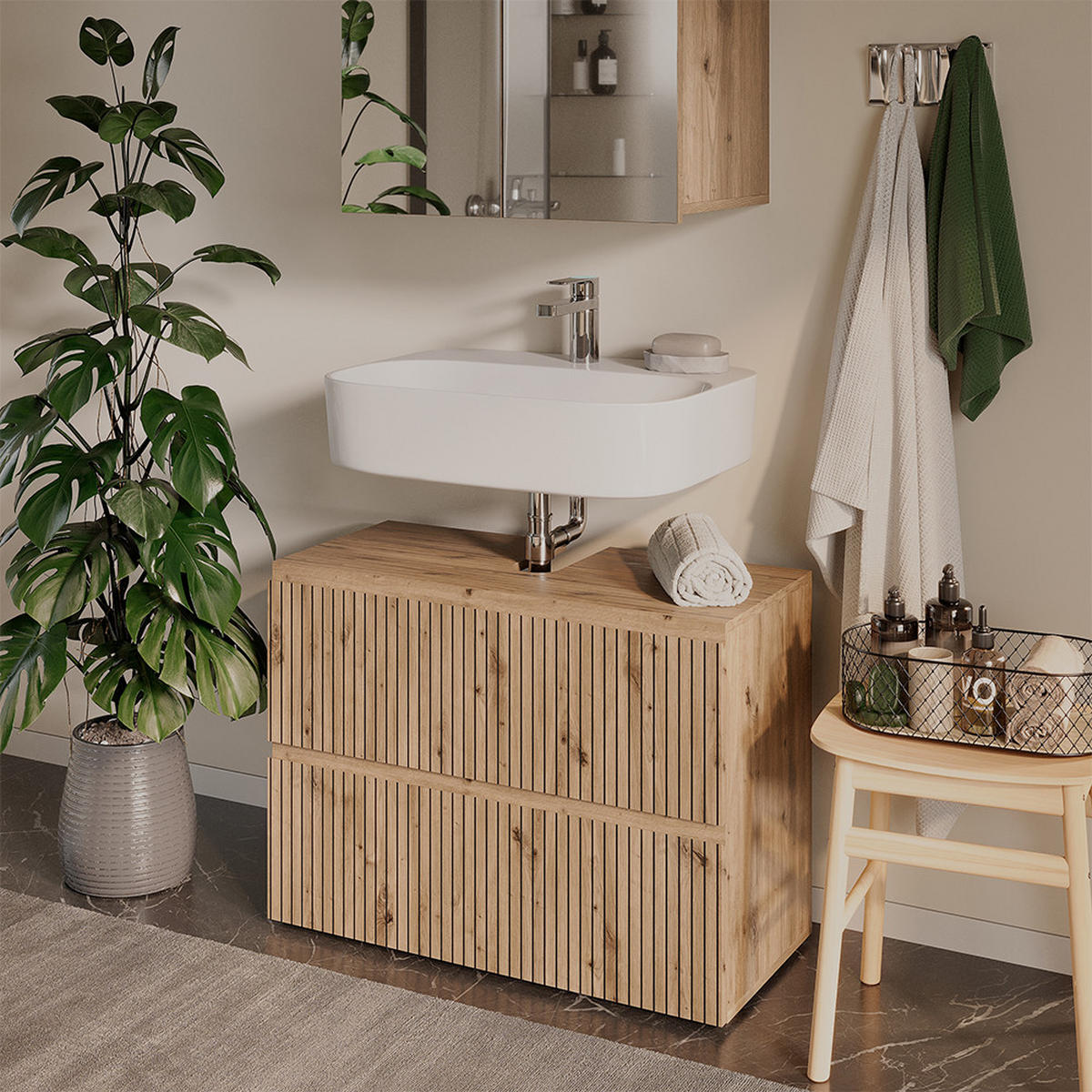 WASCHBECKENUNTERSCHRANK Takumi Artisan 80 x 58 cm mit 2 Schubladen - Hellgrau, Holzwerkstoff (80/58/35cm) - Vicco