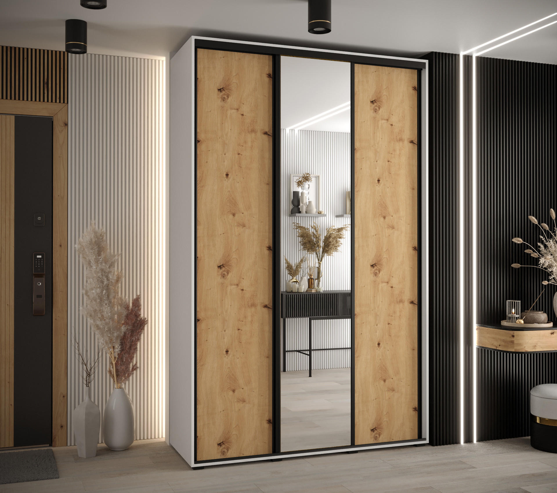 SCHWEBETÜRENSCHRANK 235,2/150/60 3-türig - Schwarz/Weiß, Holz/Metall (150/235/60cm) - Abiks Möbel