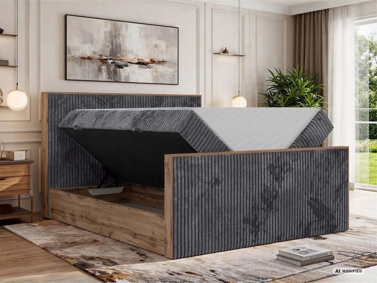 KONTINENTÁLNÍ POSTEL WOOD DUO 200/200 - Šedá Manšestr - Topper Visco - H3 - šedá/černá, textil/plast (200/200cm) - MKS