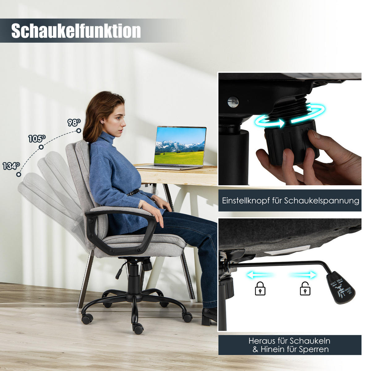 BÜROSTUHL höhenverstellbar mit Armlehnen und Rollen grau - Grau, Metall (50/104/45cm) - COSTWAY