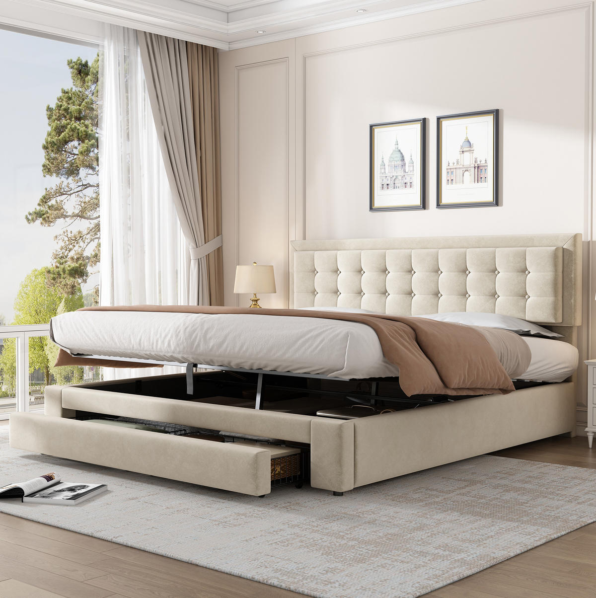 POLSTERBETT 160/200 cm Beige Samt mit Stauraum hydraulischer Bettkasten und höhenverstellbarem Kopfteil - Beige, Textil (160/200cm) - OKWISH