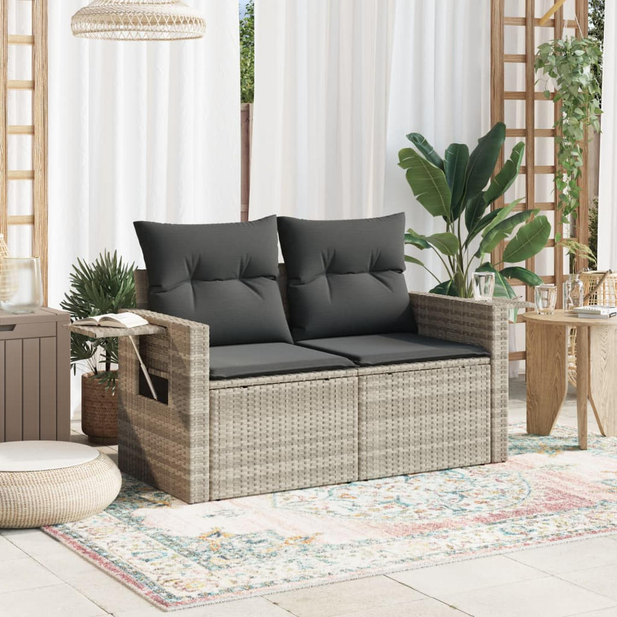 GARTENSOFA Mit Kissen 2-Sitzer Hellgrau Poly Rattan - Hellgrau, Kunststoff (124/69/62cm) - vidaXL