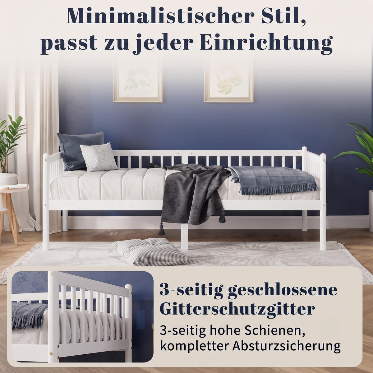 TAGESBETT 90/200 cm DE-32896 mit 3-seitigem Geländer Weiß - Weiß, Holz (90/200cm) - ComfortXL