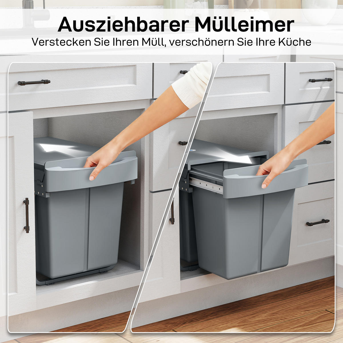 ABFALLSAMMLER Ausziehbar mit 2 x 20L herausnehmbaren Fächern und Griff, Grau - Grau, Kunststoff (33.5/41/52cm) - HOMCOM
