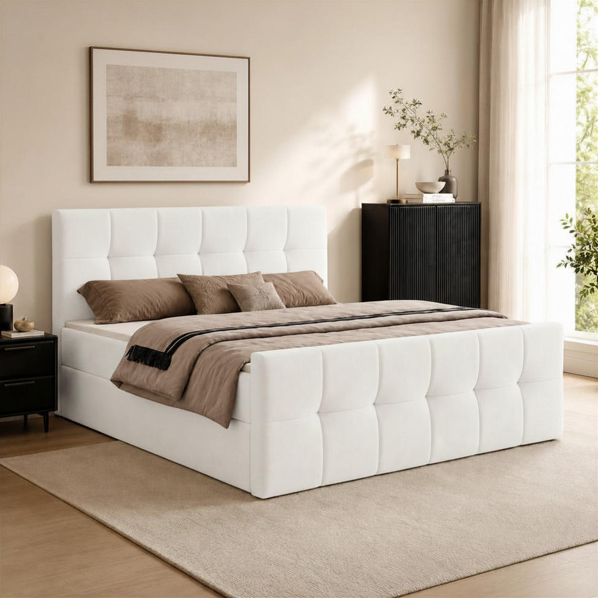 BOXBETT AUREN FRONT 160x200 cm Komplett-Set mit Bonell-Matratze, Topper und Bettkasten, Samt Weiß - Weiß, Textil (160/200cm) - Luxkor24