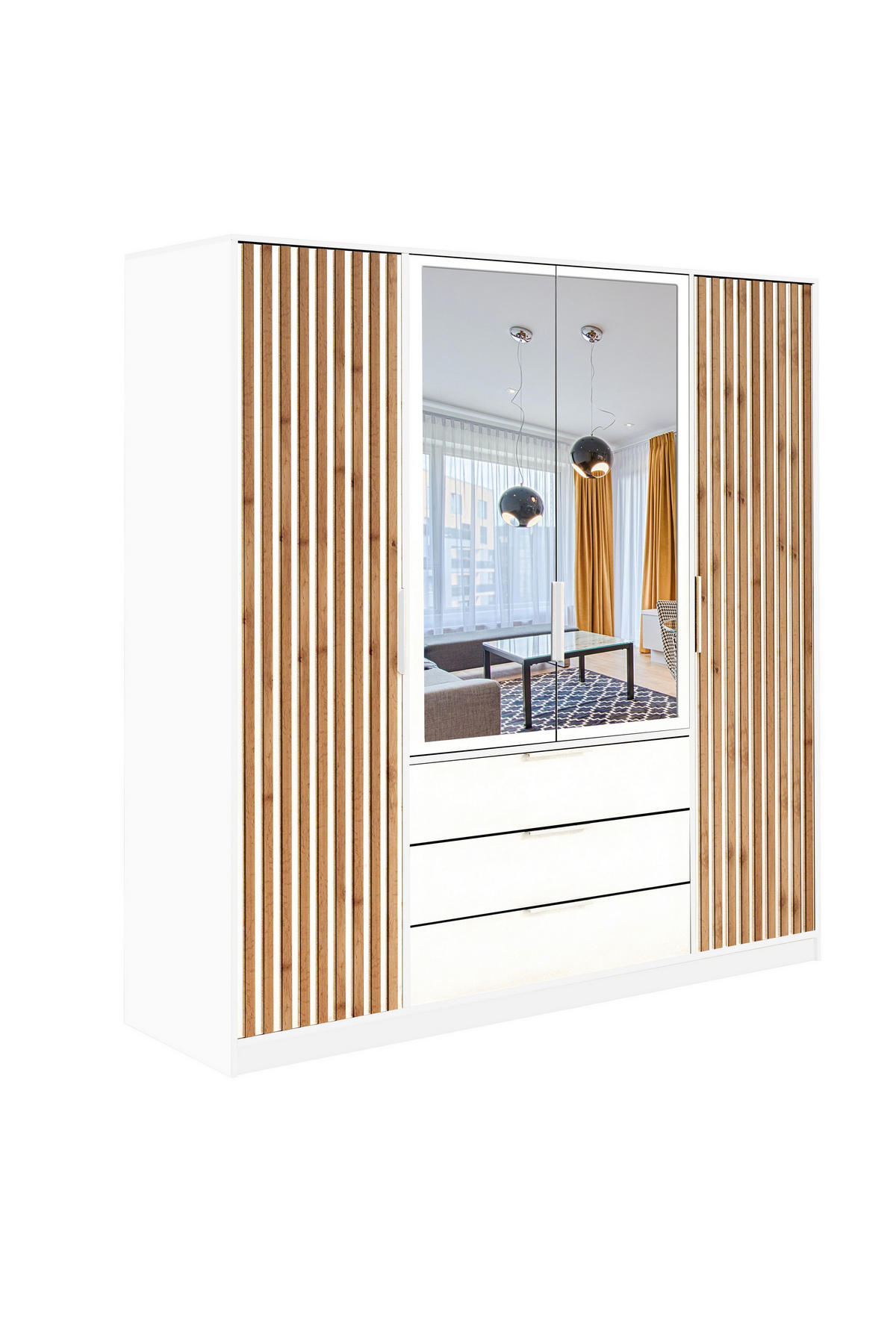 DREHTÜRENSCHRANK GAREN 196/200/57,5 cm 4-türig mit Spiegel Weiß - Weiß, Holzwerkstoff (196/200/57.5cm) - MASSENO