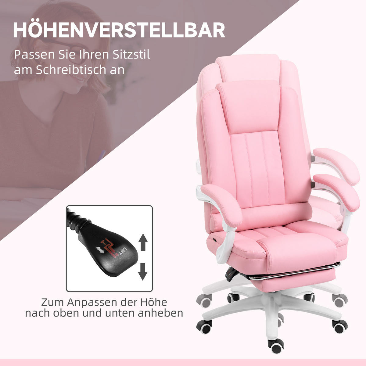 BÜROSTUHL in Rosa 68x65x116 cm mit Fußstütze und verstellbarer Rückenlehne - Rosa, Kunststoff (65/116/68cm) - IVMEU