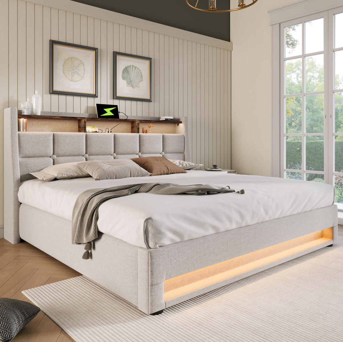 ČALOUNĚNÁ postel 140/200 cm světle béžová z lněné tkaniny s LED a USB úložným prostorem - béžová, textil (140/200cm) - OKWISH