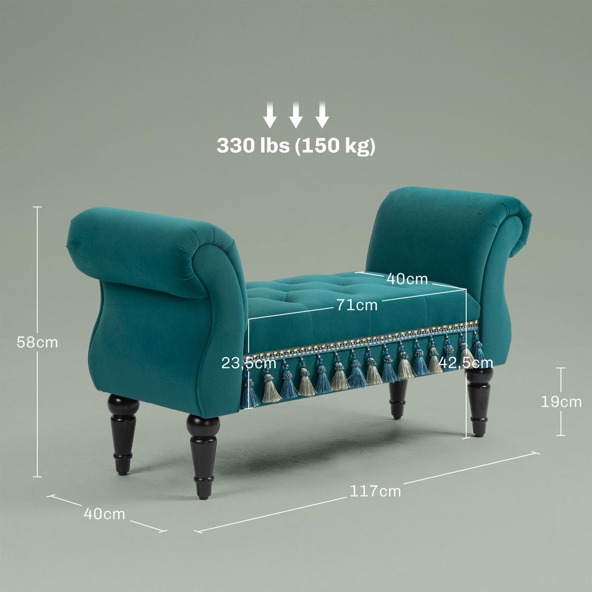 LUXUS Sitzbank Polsterbank Hockerbank Kautschuk Polyester Grau - Grün, Holz (40/58/117cm) - HOMCOM