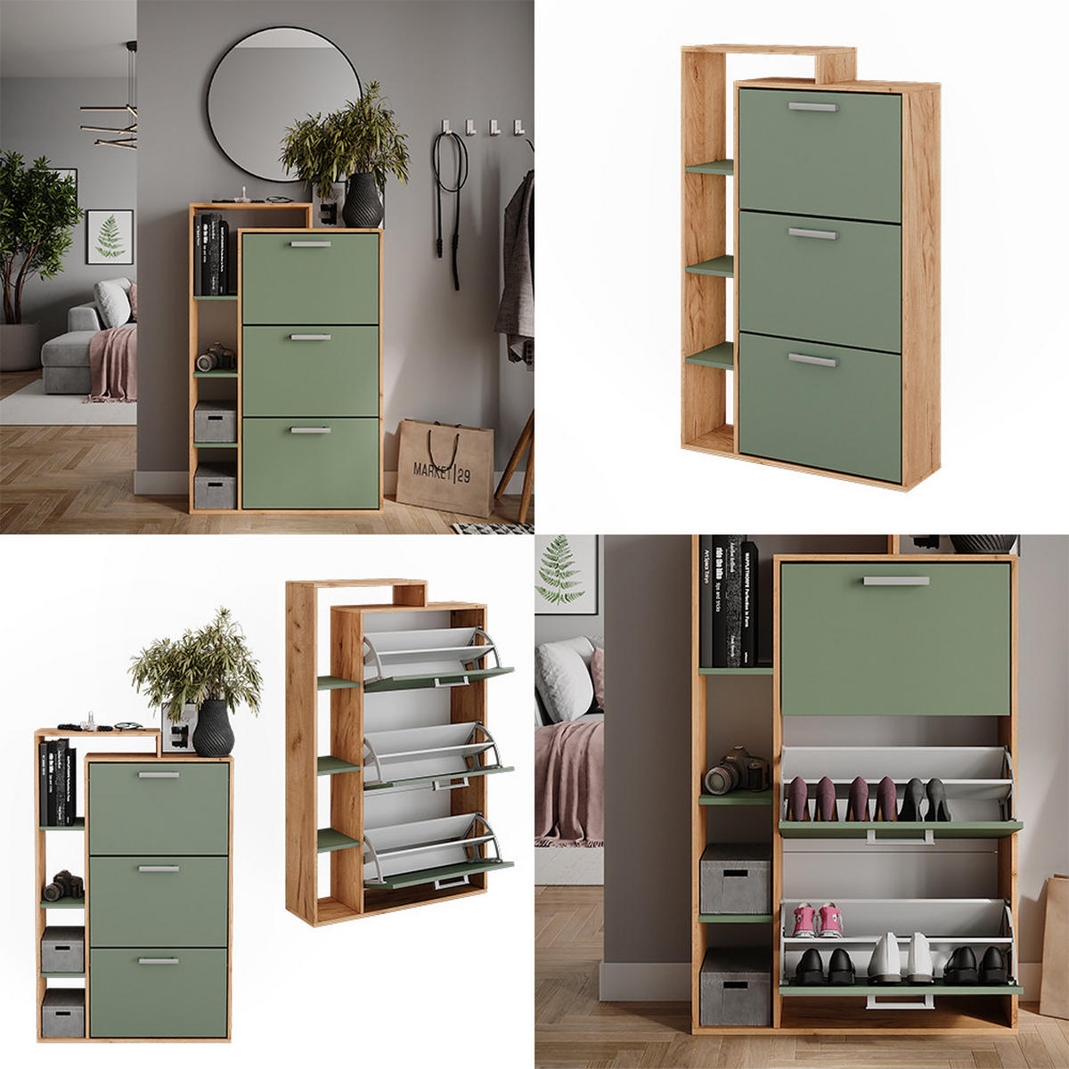 SCHUHKIPPER Orlando Goldkraft Eiche/Grün 80 x 128.3 cm mit 3 Fächern - Eichefarben/Grün, Holzwerkstoff (80/128.3/24.2cm) - Vicco