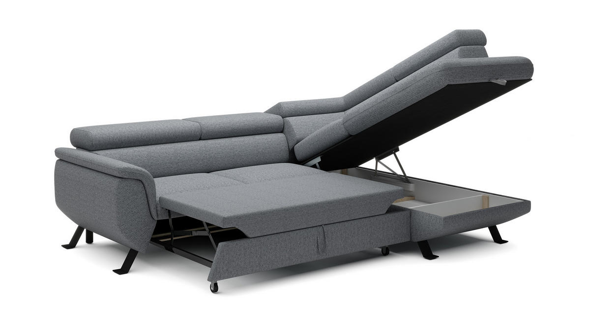 ECKSOFA Raven L mit Schlaffunktion und Bettkasten, Freistehend, Polstersofa mit Verstellbaren Kopfstützen, 257x198x96 cm – Rechte, Grau - Grau, Holz/Textil (256/198cm) - DomoHome