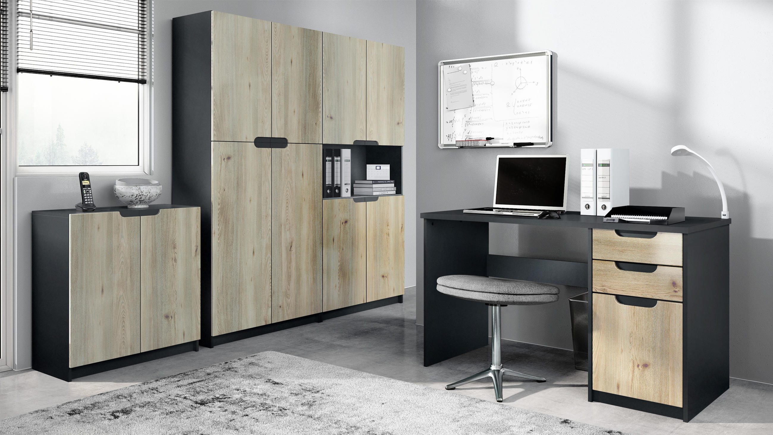 BÜROMÖBELSET Logan Fronten in Eiche Nordic - Silbereichenfarben, Holzwerkstoff (246/185/60cm) - Vladon