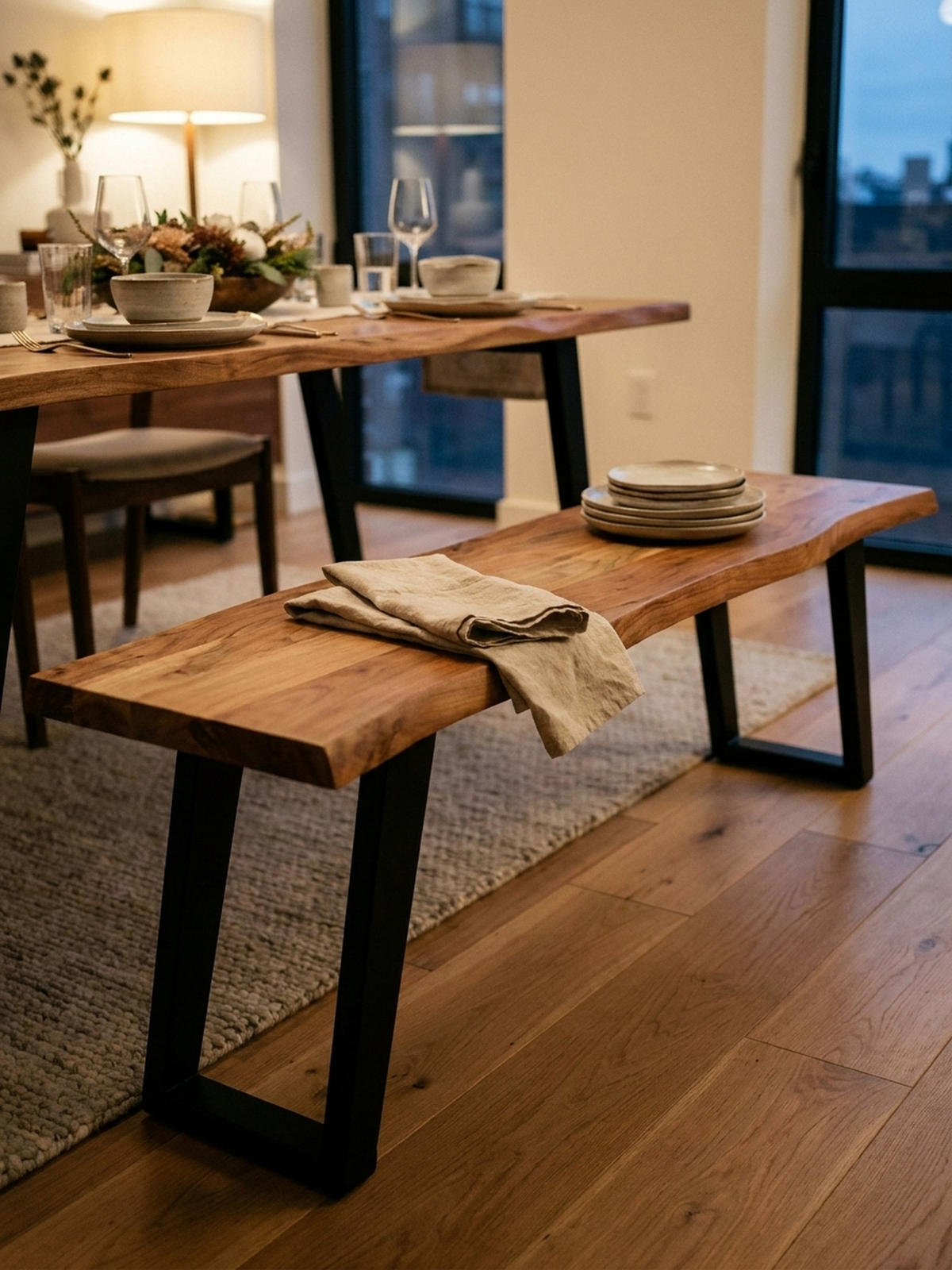 ESSZIMMERBANK Massivholz Metall Baumkante U-Beine, Akazie 160x40x46 cm - Schwarz/Braun, Holz/Metall (160/46/40cm) - KADIMA DESIGN