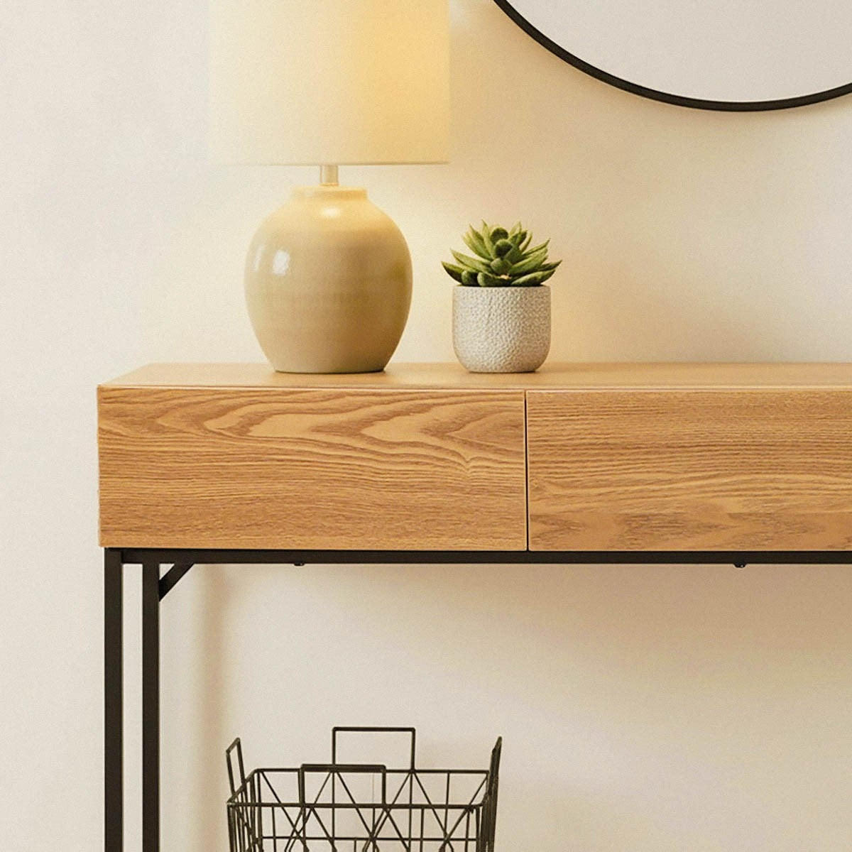 KONSOLE mit 3 Schubladen und 1 unterer Ablage, Holzdekor und schwarzes Metall 35/120/80,5 cm - Eschefarben, Holzwerkstoff (39.5/35/80.5cm) - Calicosy