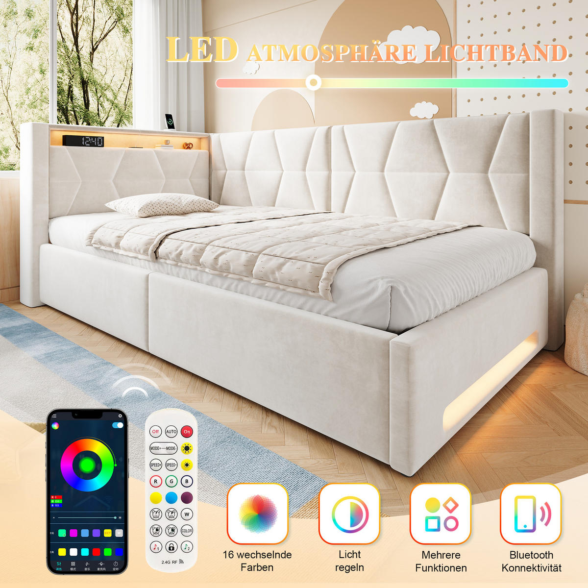 BOXBETT 90/200cm, LED/USB-C, Bettkasten, Lattenrost, Beige - Beige, Holz/Metall (90/200cm) - LVHOM