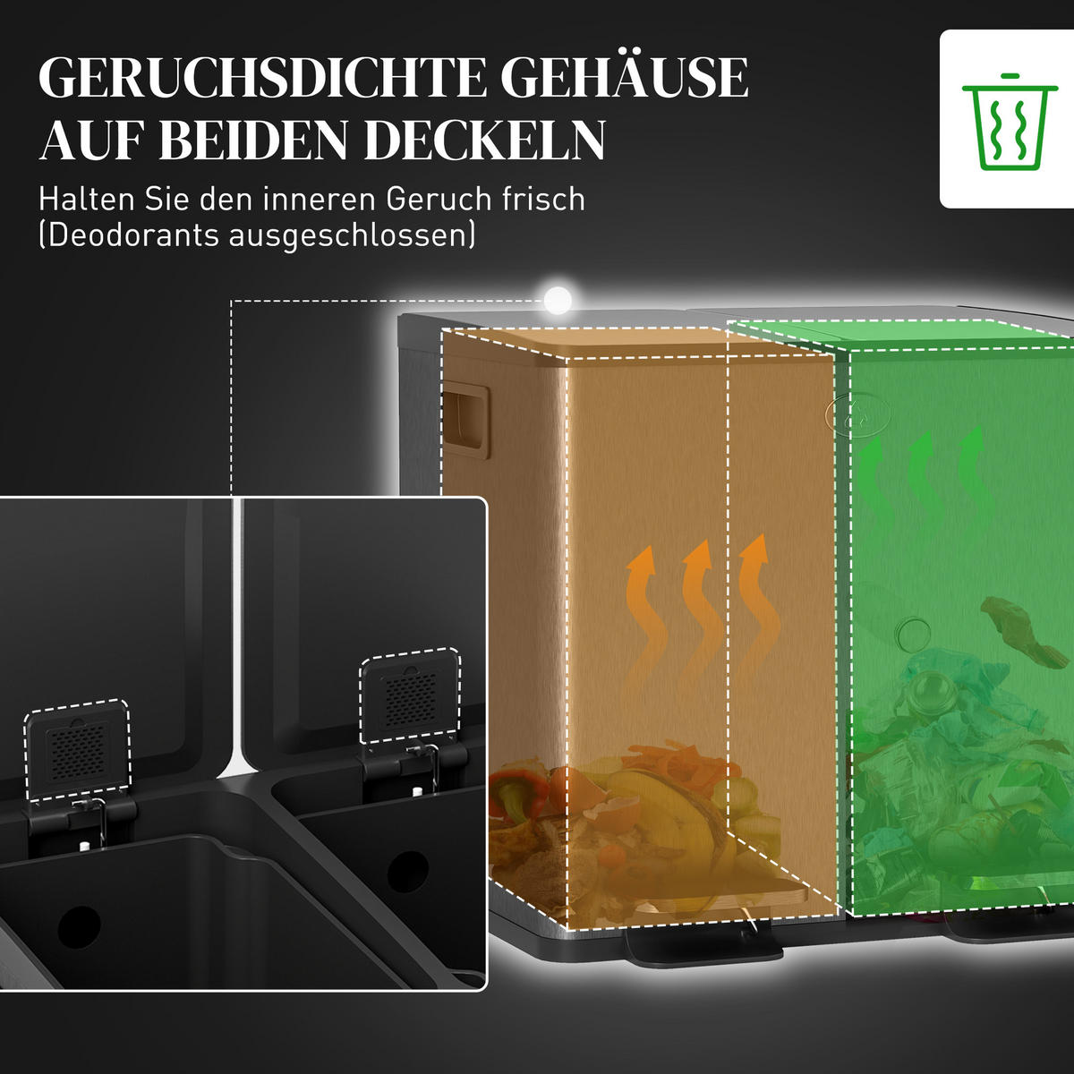 MÜLLEIMER 2 x 15L Mülltrennsystem Edelstahl mit Softclose Deckel Schwarz - Schwarz, Kunststoff (36.6/43.2/41.7cm) - HOMCOM