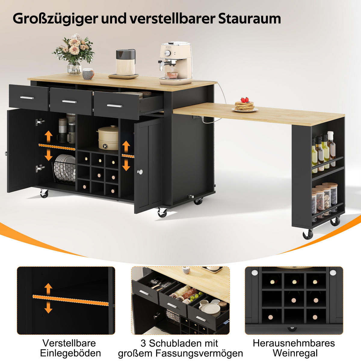 KÜCHENINSEL auf Rollen 136-223/50/93 cm Schwarz mit ausziehbarer Arbeitsplatte und 3 Schubladen - Schwarz, Holz (50/93/136cm) - Oxeza