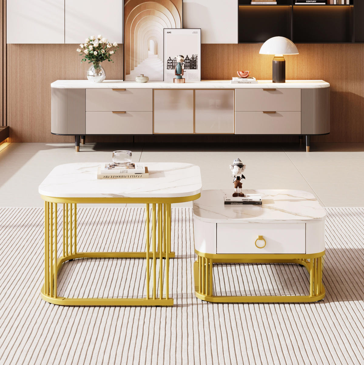 COUCHTISCH 2‑teilig MDF Hochglanz Marmoroptik mit goldenen Metallakzenten und Schublade 60/60/45 + 50/50/34 cm, Weiß und Gold - Weiß, Holzwerkstoff (60/60/45cm) - Redom
