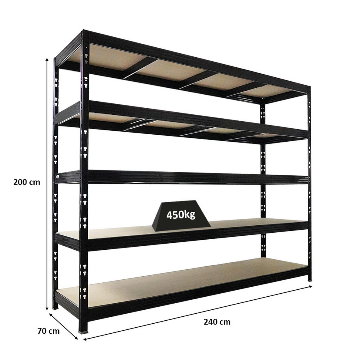 SCHWERLASTREGAL Rhino 200x240x70 cm 5 Spanplatten-Ebenen 8mm Fachlast 450 kg Schwarz - Schwarz, Metall (240/200/70cm) - PROREGAL