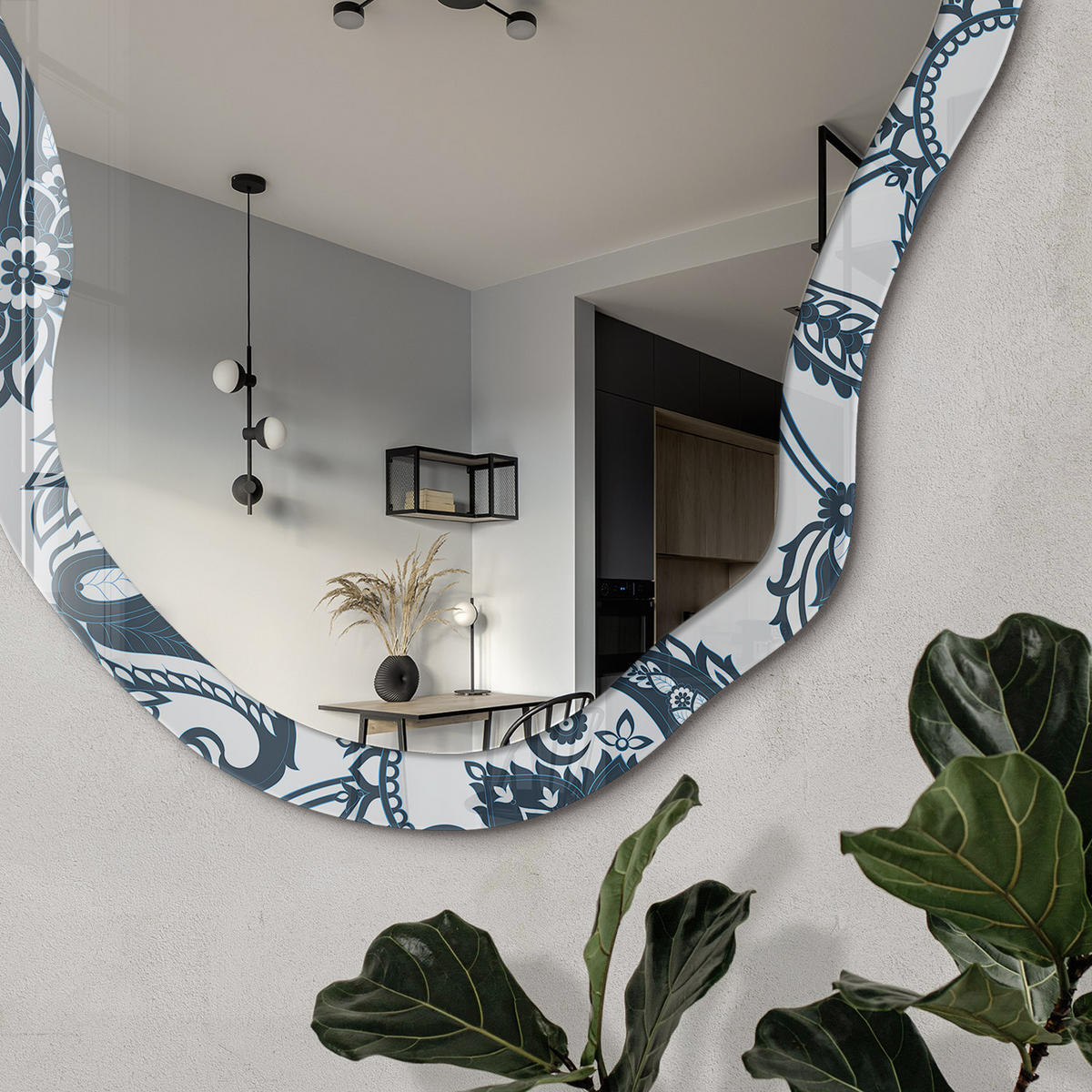 SPIEGEL 90x45 cm asymmetrisch mit Druck - Elegante Ornamente - Transparent, Glas (45/90/0.4cm) - TULUP