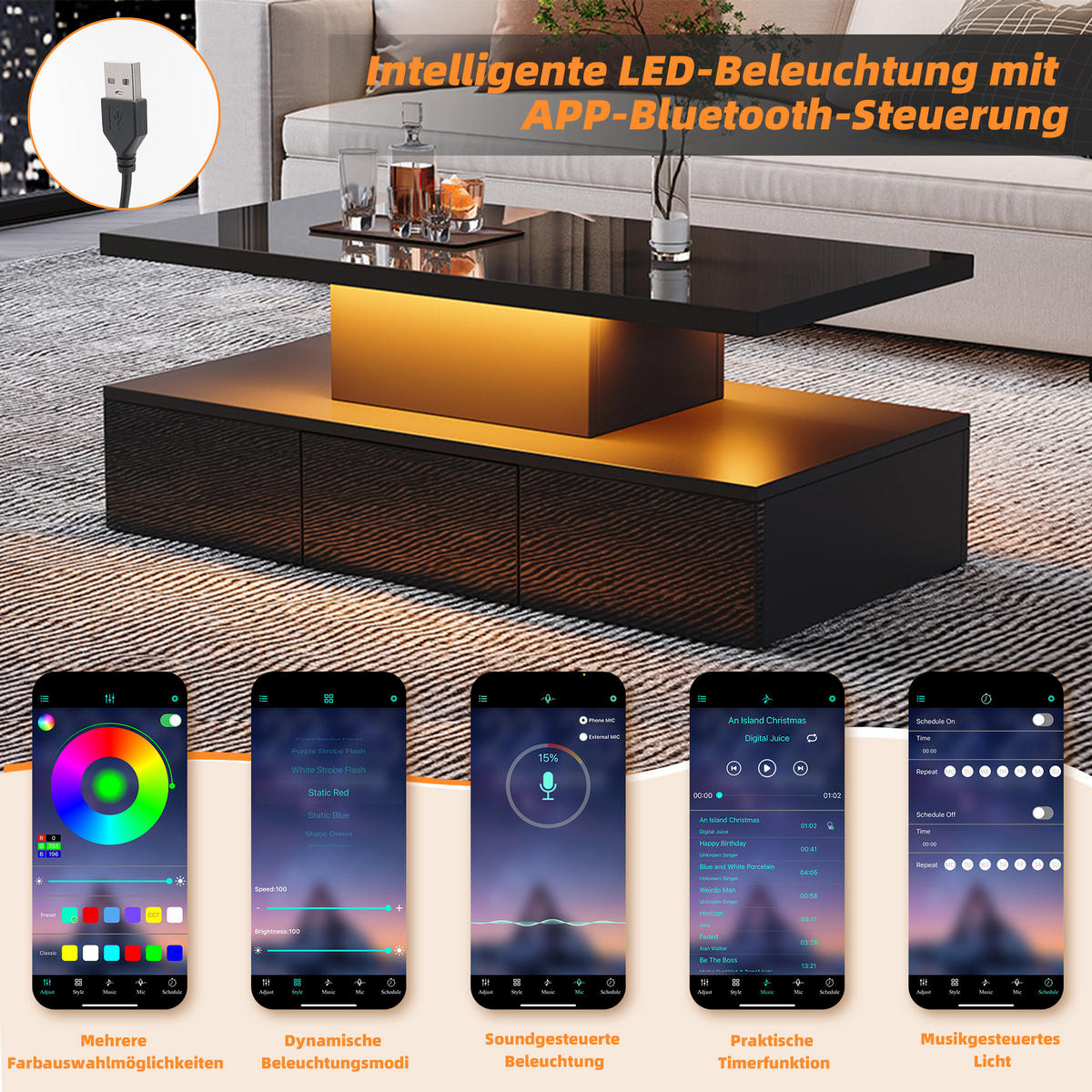 COUCHTISCH in Schwarz LED-Kaffeetisch mit Ausstellungsregal und 1 Schiebeschubladen für Wohnzimmer, B100/T50/H39cm - Schwarz, Holzwerkstoff (50/100/39cm) - STILVORA