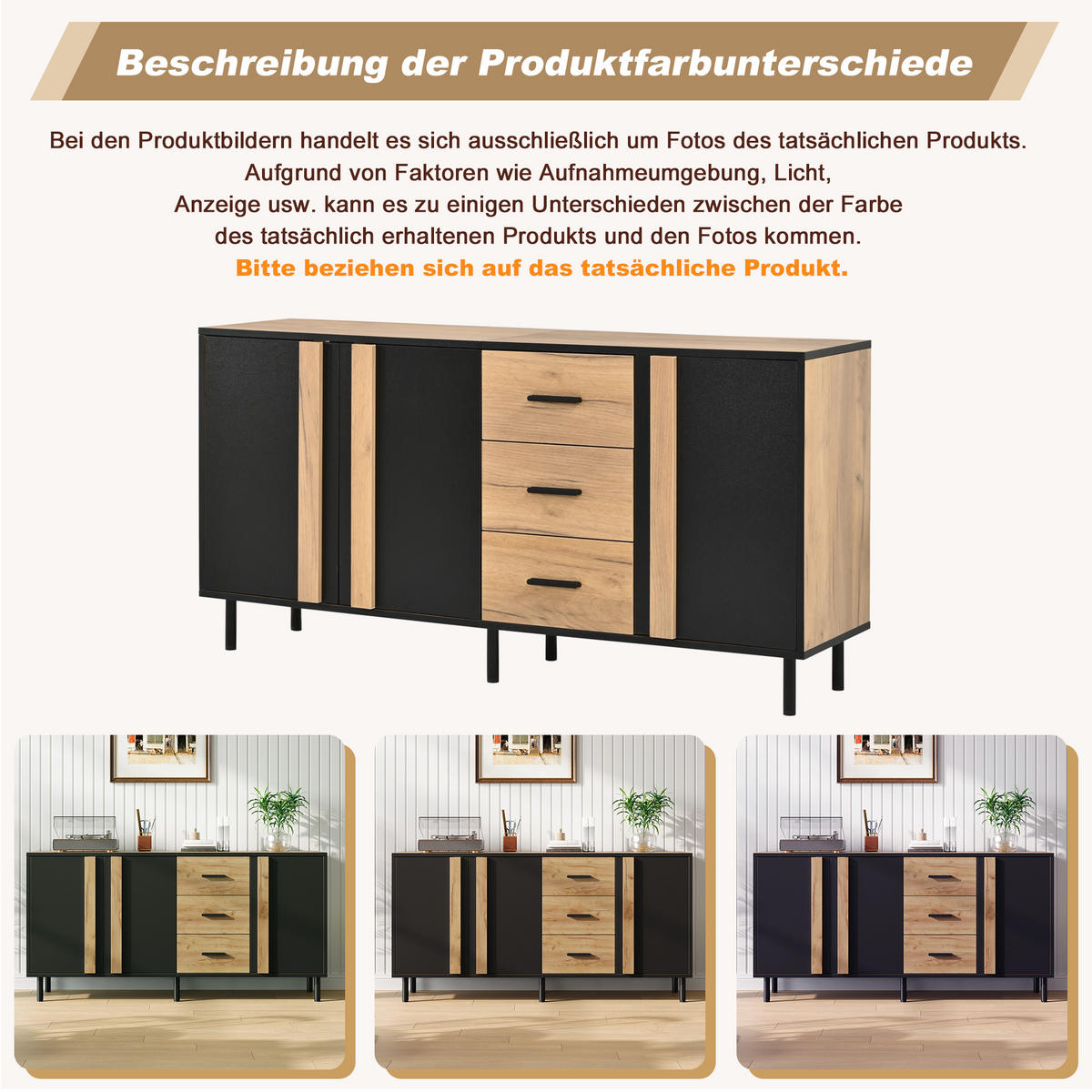 SIDEBOARD 140/35/70 cm mit 3 Türen, 3 Schubladen und Metallbeinen in Schwarz-Naturholzoptik - Schwarz/Naturfarben, Holzwerkstoff (140/70/35cm) - CHICFURN