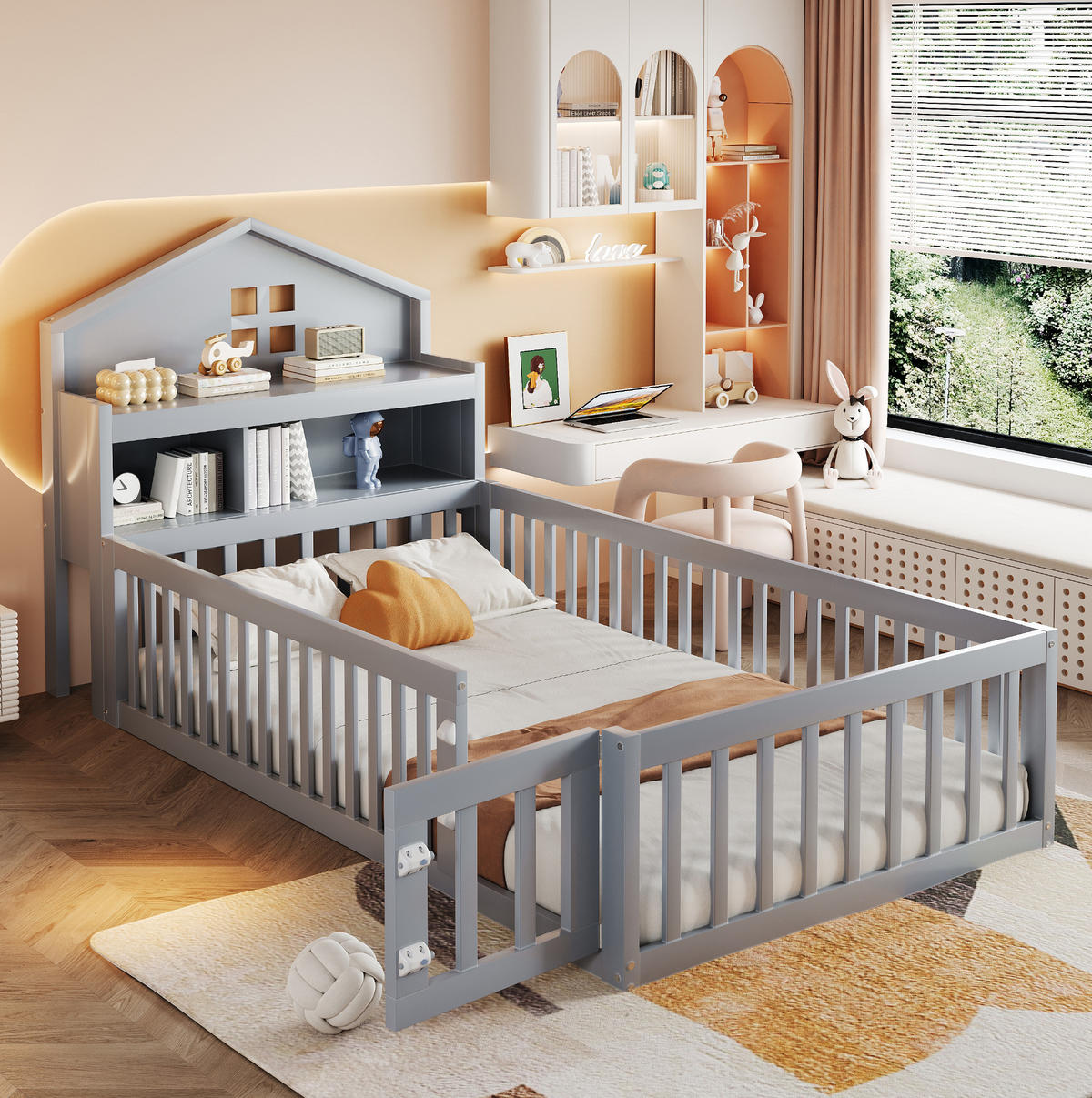 KINDERBETT 90/200 cm Grau aus Massivholz mit Stauraum und Kreidetafel - Grau, Holz (90/200cm) - OKMYHOME