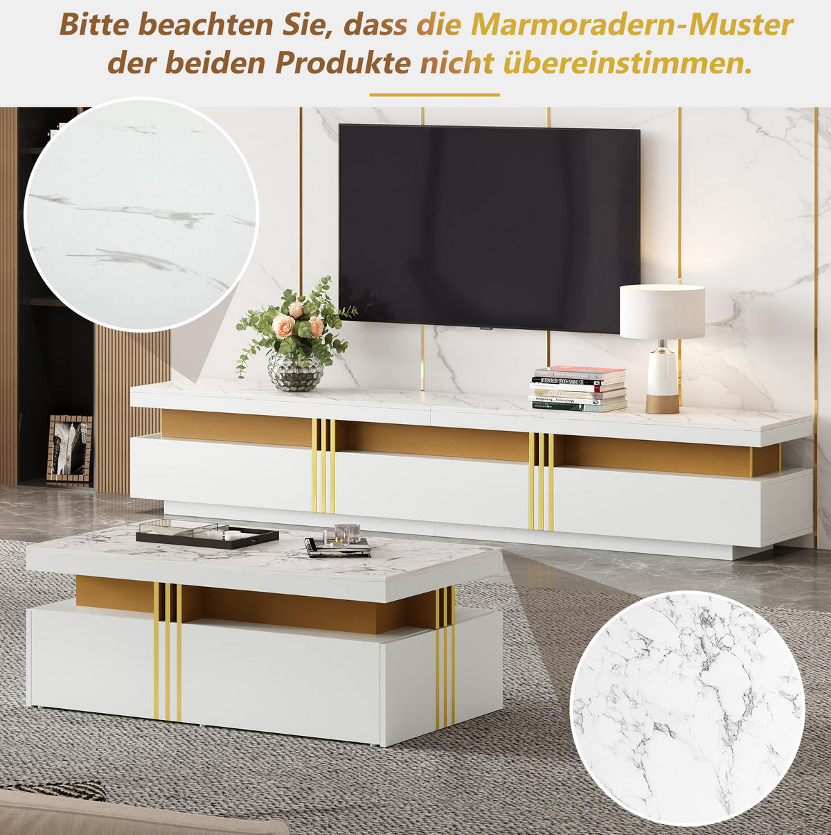 TV-ELEMENT 200/40/42 cm mit 3 Schubladen in Weiß mit Marmor-Optik - Weiß, Holzwerkstoff (200/42/40cm) - BEAOK