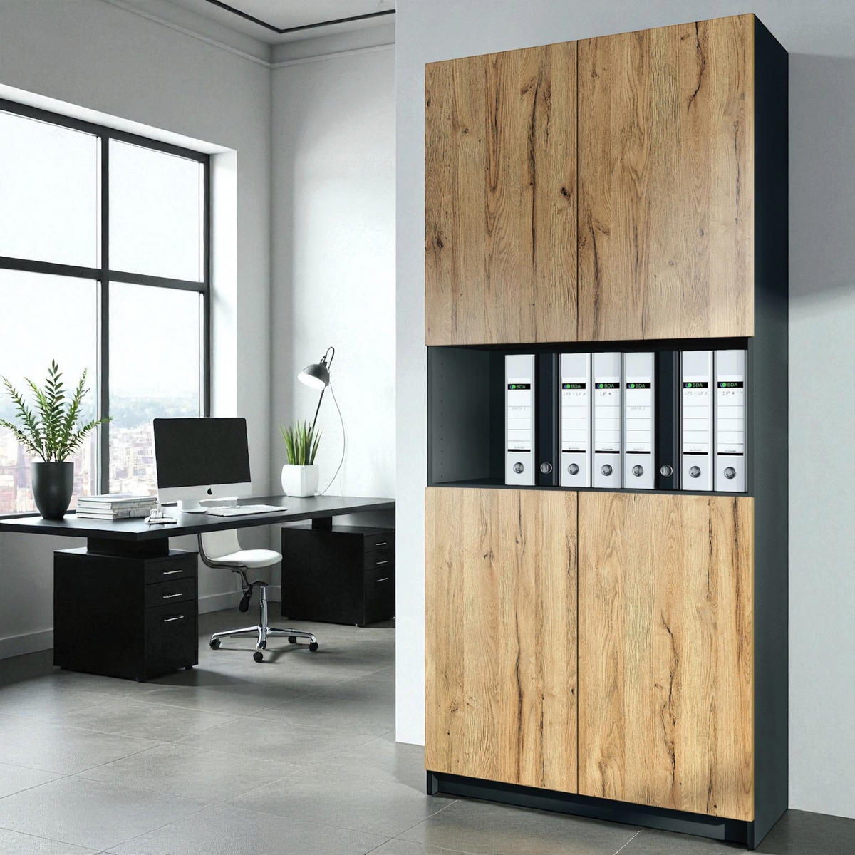 AKTENSCHRANK Elona M2, Büroschrank mit Soft-Close & Push-to-Open, Schwarz/Eiche Natur (82 x 184 x 37 cm) - Eiche Wotan, Holzwerkstoff (82/184/37cm) - InnoFurn