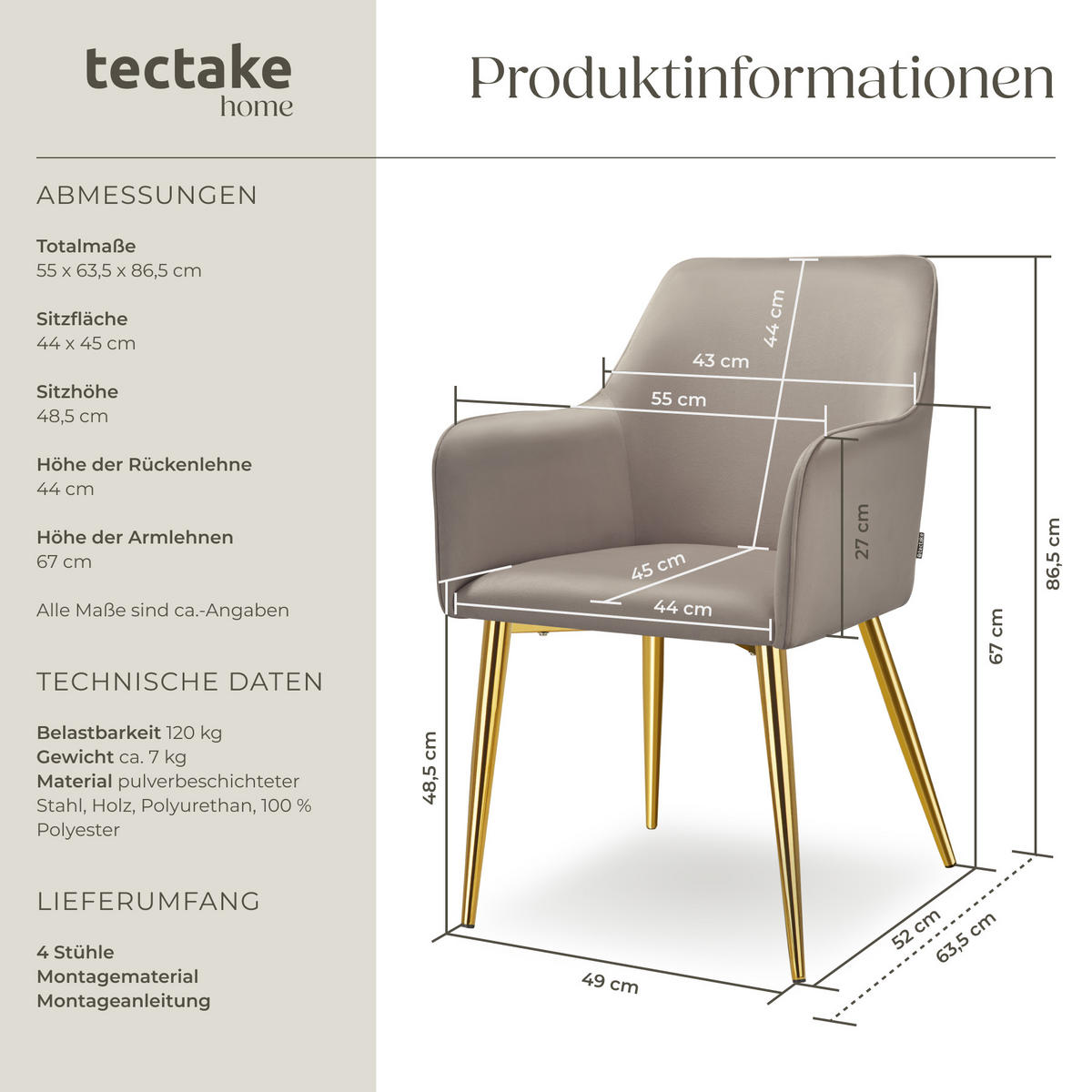 ARMLEHNSTUHL Avane ,55 x 63,5 x 86,5 cm,taupe - Taupe, Textil (55/86.5/63.5cm) - tectake