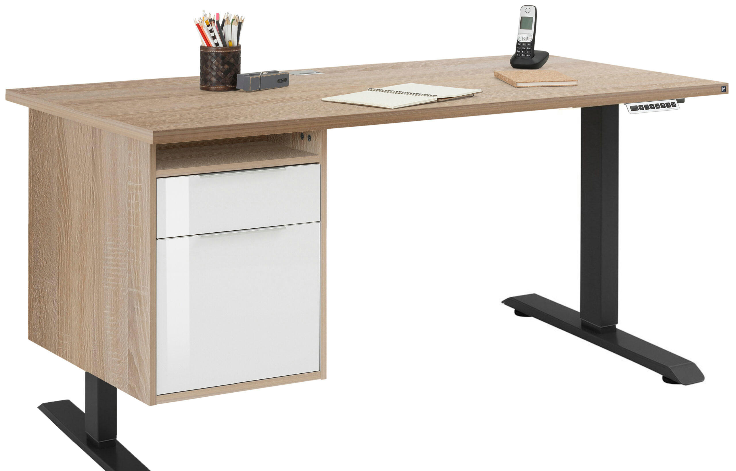 SCHREIBTISCH mit Hängecontainer Anthrazit, Eiche Sonoma und Weiß 150x80cm, elektrisch höhenverstellbar – von MAJA Möbel – Container links - Schwarz, Holzwerkstoff (80/150/70.5cm)