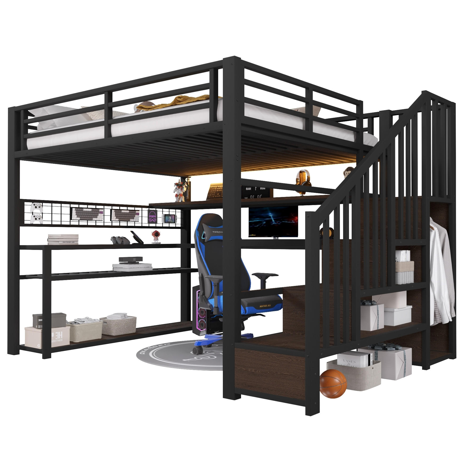 HOCHBETT 140/200 cm mit LED, Schreibtisch, Kleiderschrank und Stauraum - Schwarz, Metall (140/200cm) - MIVRAY