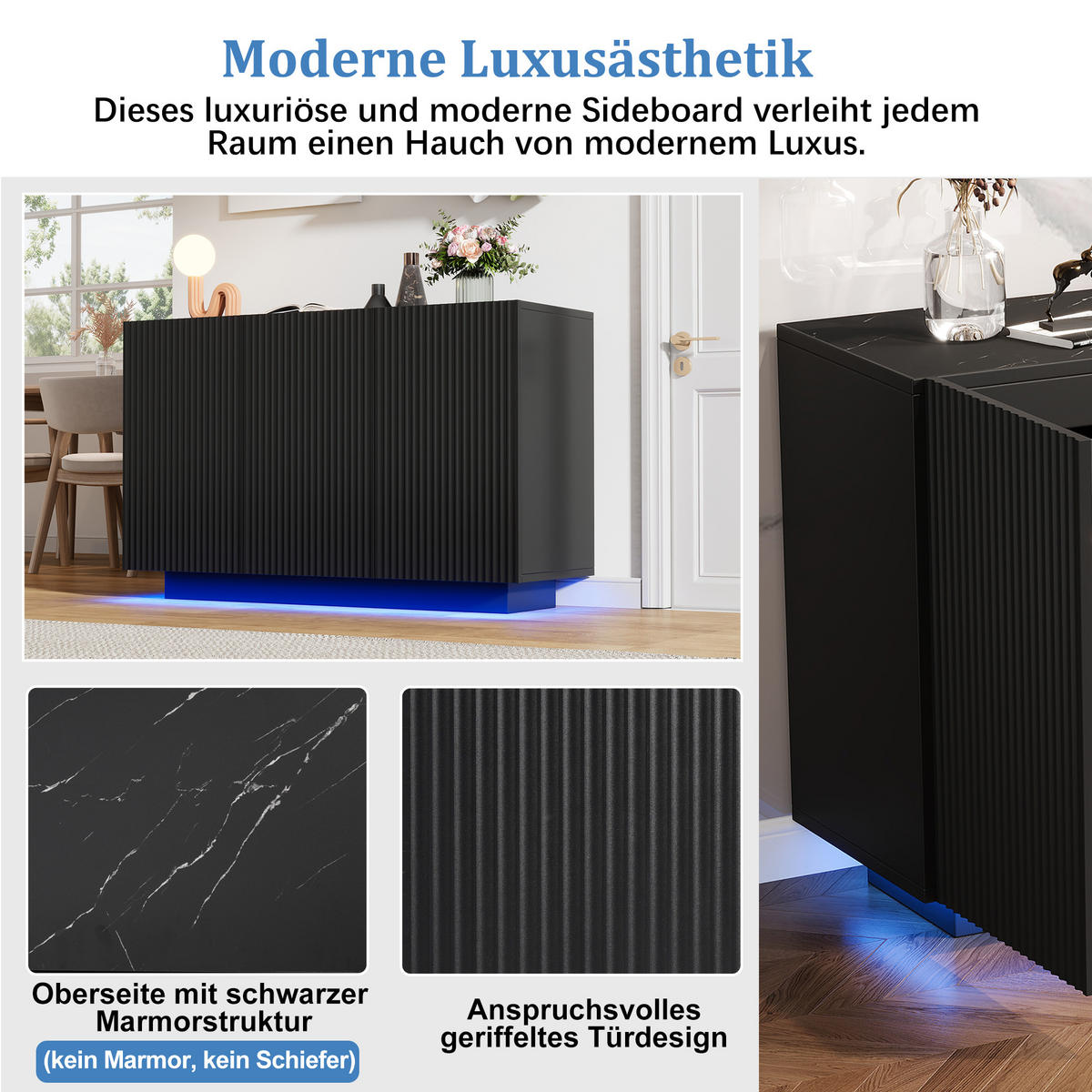 SIDEBOARD LED Schwarz Marmor 120cm Bluetooth Stauraum Modern - Schwarz, Holzwerkstoff (40/75/120cm) - FLIEKS