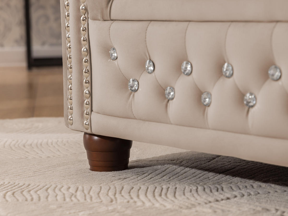 SITZGARNITUR 3+2 Chesterfield Cleo Blink Beige Samt mit Kristallsteppung und braunen Massivholzfüßen - Beige/Braun, Holz/Textil (203/72/86cm) - S-Style Möbel