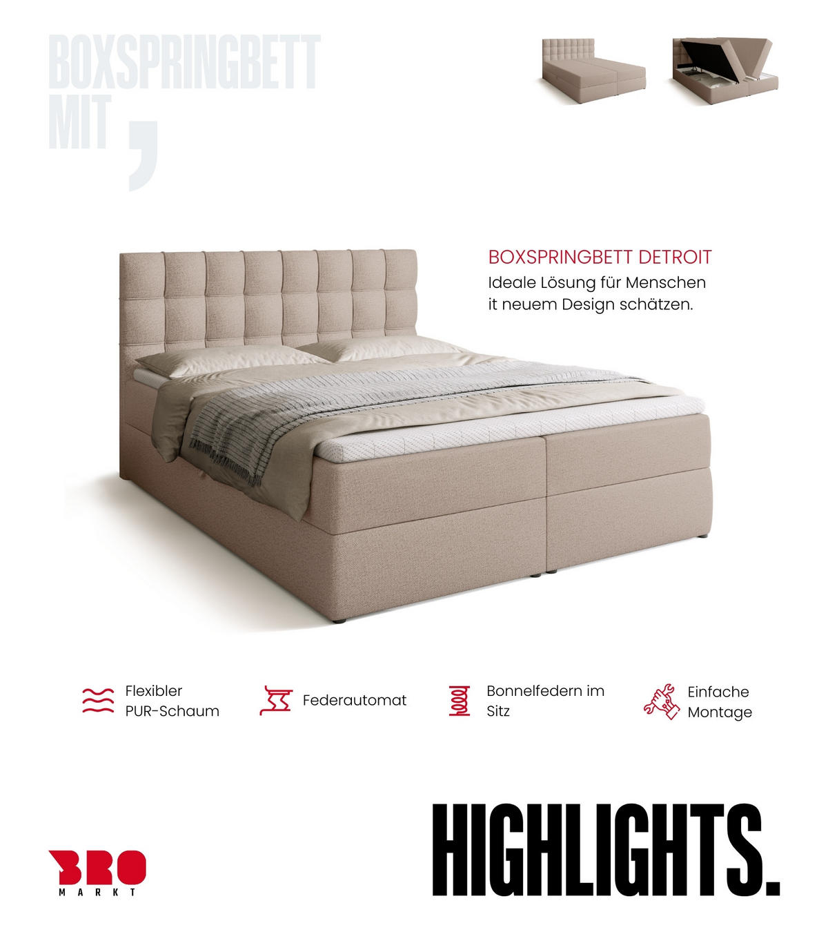 BOXBETT Detroit mit Topper 160/200 Beige - Beige, Holzwerkstoff/Textil (160/200cm) - Bromarkt