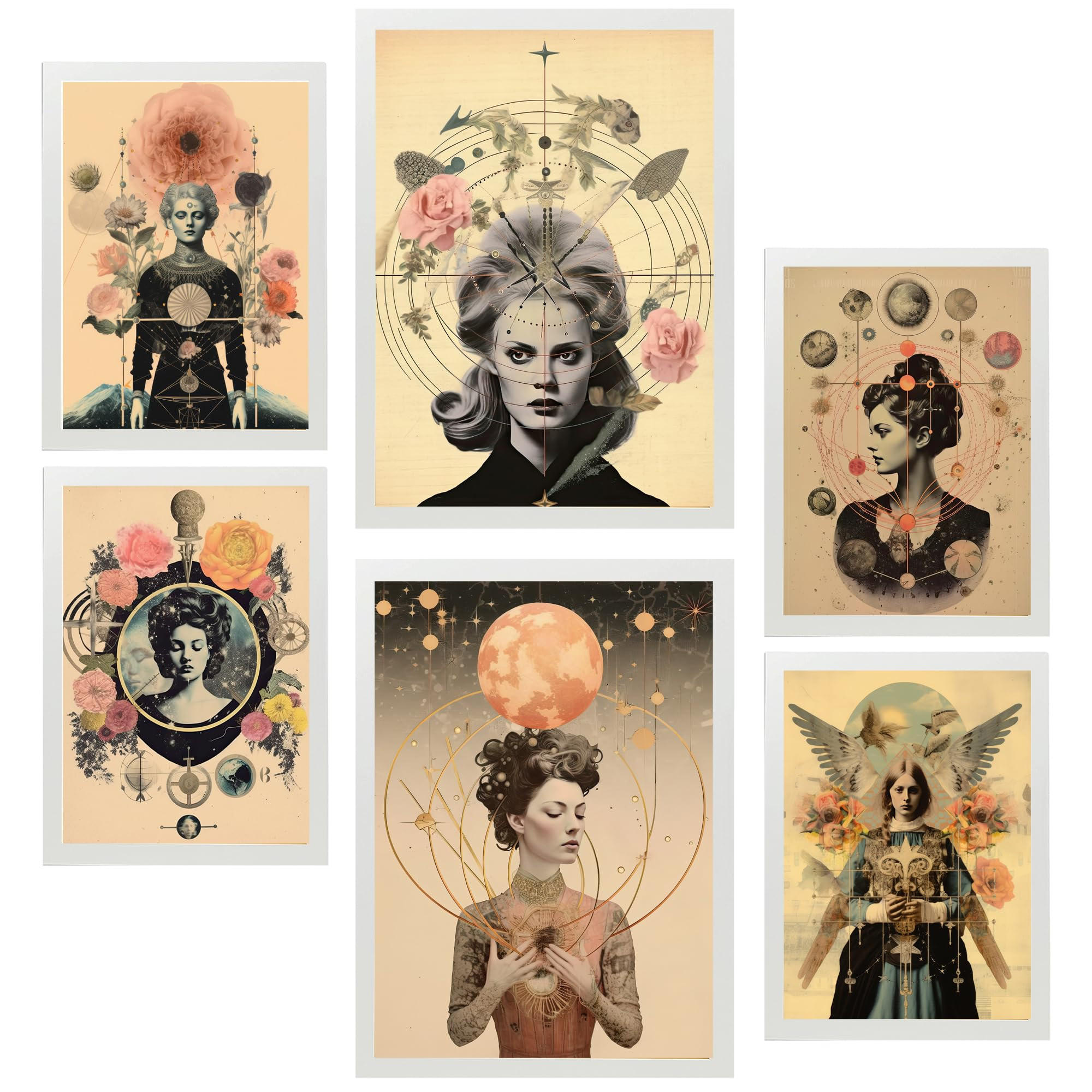POSTER Set Mit 6 Surreale Florale Im Mystischen Esoterischen A3 & A4 Weißer Rahmen - Weiß, Papier (29/3cm) - Nacnic