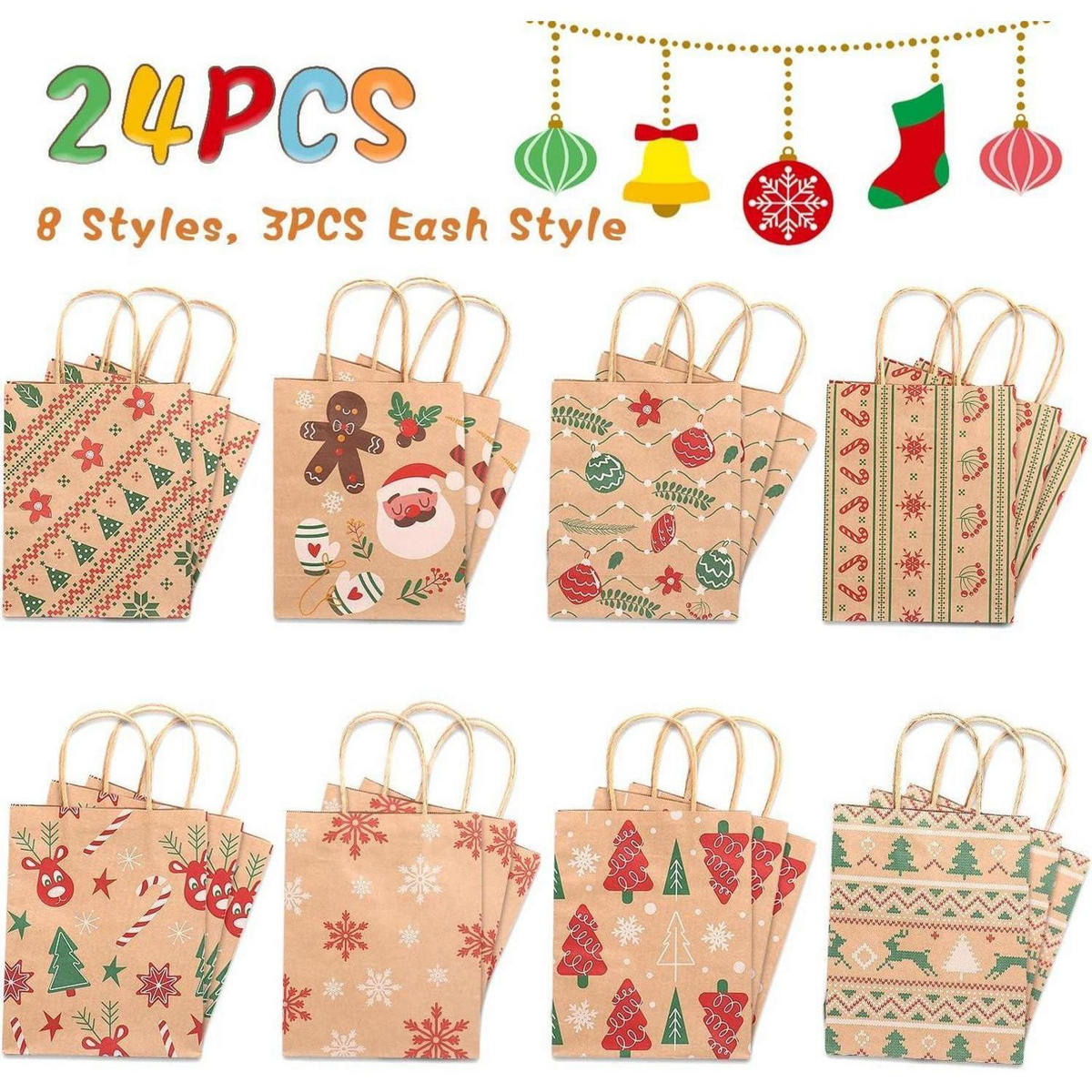 GESCHENKTÜTEN 24-teiliges Set Kraftpapier Weihnachten mit Henkel 23 cm - Multicolor, Papier (18.5/8.5/23cm)
