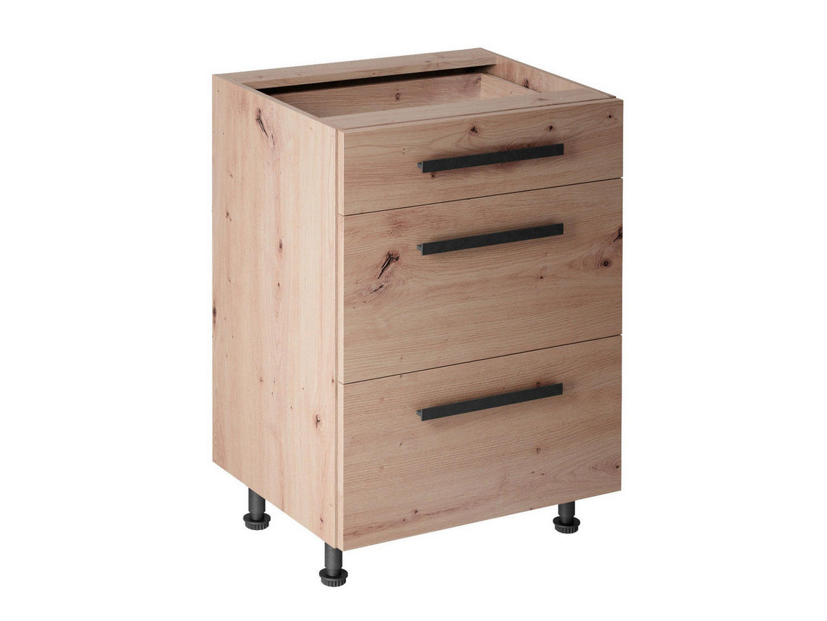 UNTERSCHRANK 60 cm – Nexa D60S3 – Woodline / Push-to-Open Mechanismus - Hellbraun, Holzwerkstoff (60/82/47cm) - ROYAL24_MARKT