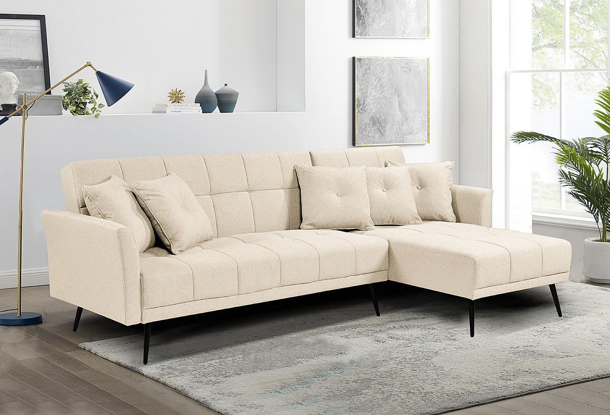 ECKSOFA mit Schlaffunktion - Flachgewebe - Beige/Schwarz, Textil/Metall (250/144cm) - home24